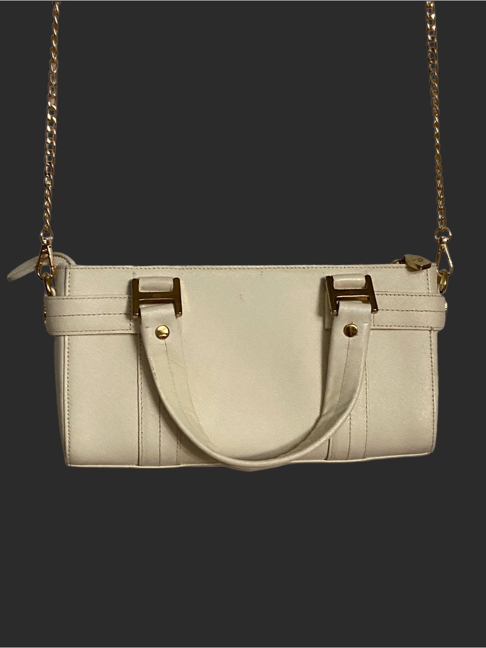 Authentic MCM Ivory Leather Boston Tote / Crossbody with Gold Hardware & Chain - Picture 7 of 16